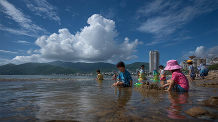 Children playing in the sand at the beach
