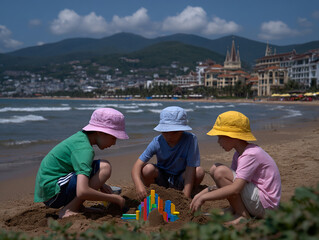 Children playing in the sand at the beach