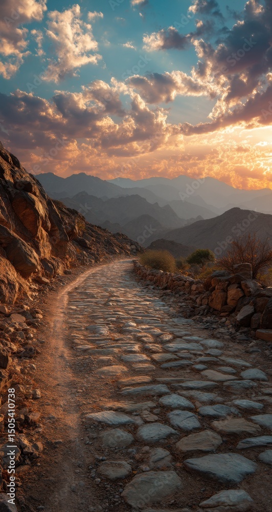 Poster ancient stone path leading through mountains at sunset, representing adventure and a journey to succ