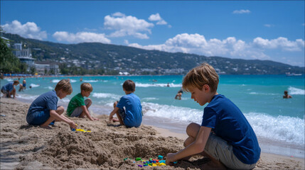Children playing in the sand at the beach