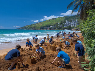 Children playing in the sand at the beach