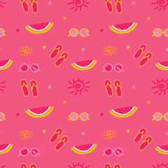 Tropical seamless vector on vibrant pink with cute summer symbols: watermelon, flip-flops, sun and sunglasses — for fun seasonal packaging.