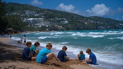 Children playing in the sand at the beach