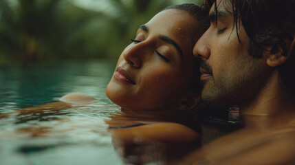 Romantic Indian couple in private infinity pool at tropical resort, woman resting on man's shoulder