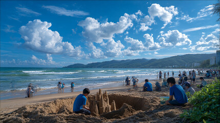 Children playing in the sand at the beach