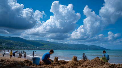 Children playing in the sand at the beach