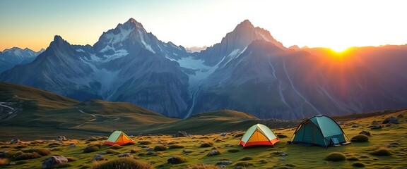 Sunrise over majestic mountain peaks, tents nestled in alpine meadow, landscape, beautiful