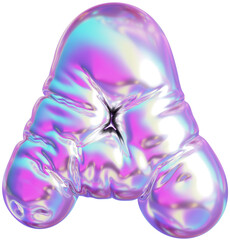 3D Holographic purple inflatable letter A with a iridescent plastic effect, inflated balloon style typography for trendy futuristic design