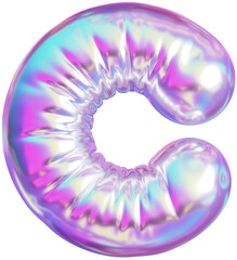 3D Holographic purple inflatable letter C with a iridescent plastic effect, inflated balloon style typography for trendy futuristic design