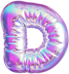 3D Holographic purple inflatable letter D with a iridescent plastic effect, inflated balloon style typography for trendy futuristic design