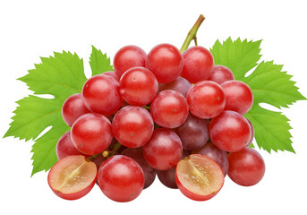 Red grapes bunch with leaves isolated on transparent background