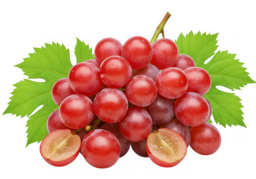 Red grapes bunch with leaves isolated on transparent background - Powered by Adobe
