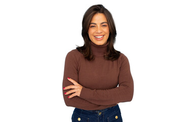 Confident businesswoman standing with crossed arms, radiating professional demeanor against neutral backdrop