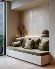 Built-in stone bench with olive green cushions.