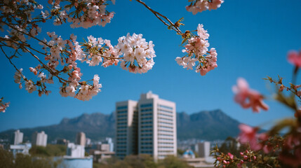 Photo of cherry blossoms in the park, with a blurred background and blue sky