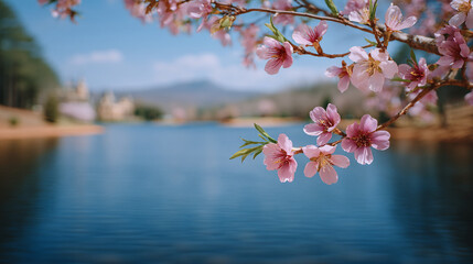 Photo of cherry blossoms in the park, with a blurred background and blue sky
