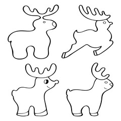Deer set. Hand drawn vector illustration. Forest animal with antlers. Doe, elk, wapiti, maral. Doodle outline line art group of elements.