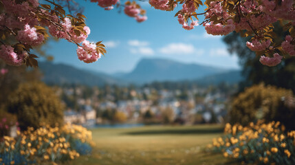 Photo of cherry blossoms in the park, with a blurred background and blue sky