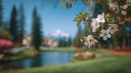 Photo of cherry blossoms in the park, with a blurred background and blue sky
