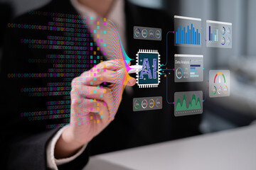 Businessman using laptop tablet data analysis big data technology artificial intelligence ai innovation concept