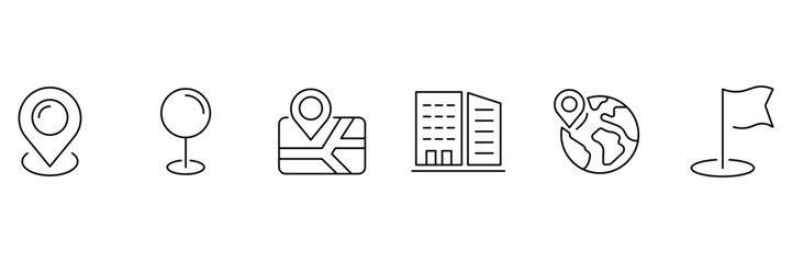 Set of 6 outline icons related to navigation, gps, push, map marker, geolocation, flag, location, route. Location icon set. Map pin line icon set. Vector collection.