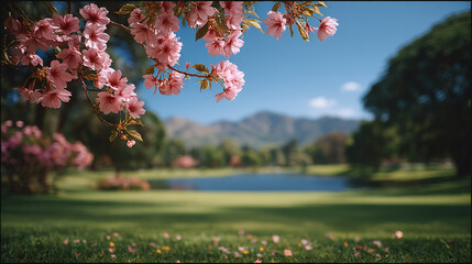 Photo of cherry blossoms in the park, with a blurred background and blue sky