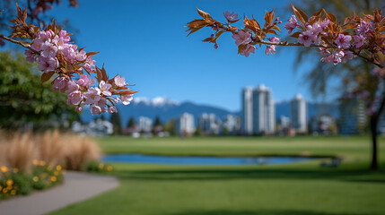 Photo of cherry blossoms in the park, with a blurred background and blue sky