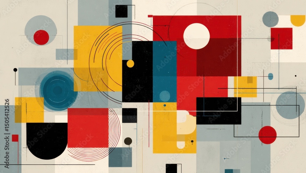 Poster Abstract Geometric Composition With Primary Colors, Evoking Modernism And Creative Problem Solving For Business : Generative AI