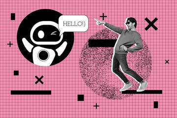 Zine pop image banner 3d photo collage of happy girl man stand artificial helper bot hello bubble communication future innovation