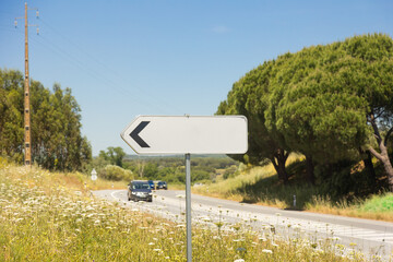 A rural road curves through the Alentejo countryside near Évora, Portugal. A blank directional sign points left, surrounded by wildflowers and pine trees under a clear blue sky.