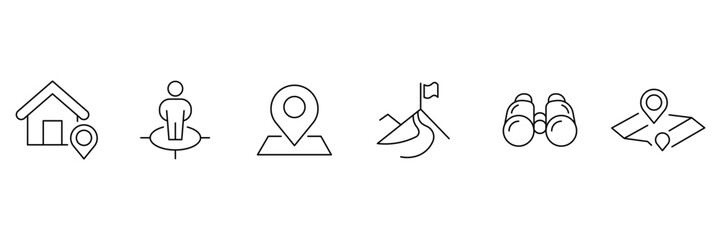 Set of 6 outline icons related to navigation, gps, push, map marker, geolocation, flag, location, route. Location icon set. Map pin line icon set. Vector collection.