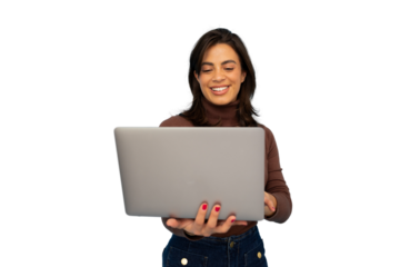 Cheerful woman using laptop, enjoying online work or browsing internet, isolated on transparent background