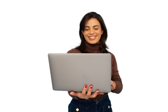 Cheerful woman using laptop, enjoying online work or browsing internet, isolated on transparent background