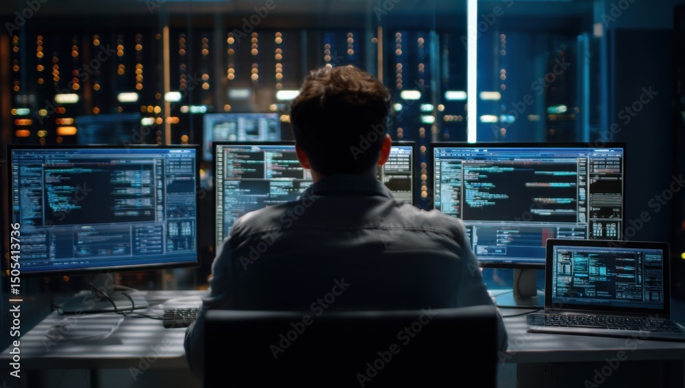Fototapete Software Engineer Working Late at Night on Multiple Monitors, Representing Cybersecurity and Digital Transformation, Viewed From Behind : Generative AI