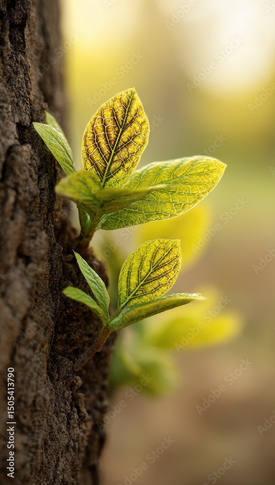 Poster new leaves sprouting from tree trunk in golden light, symbolizing growth and environmental awareness