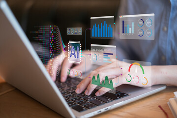 Businessman using laptop tablet data analysis big data technology artificial intelligence ai innovation concept