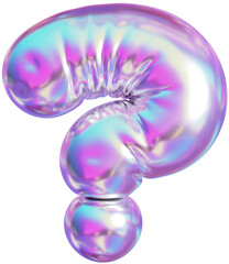 3D Holographic purple inflatable question mark symbol with a iridescent plastic effect, inflated balloon style typography for trendy futuristic design