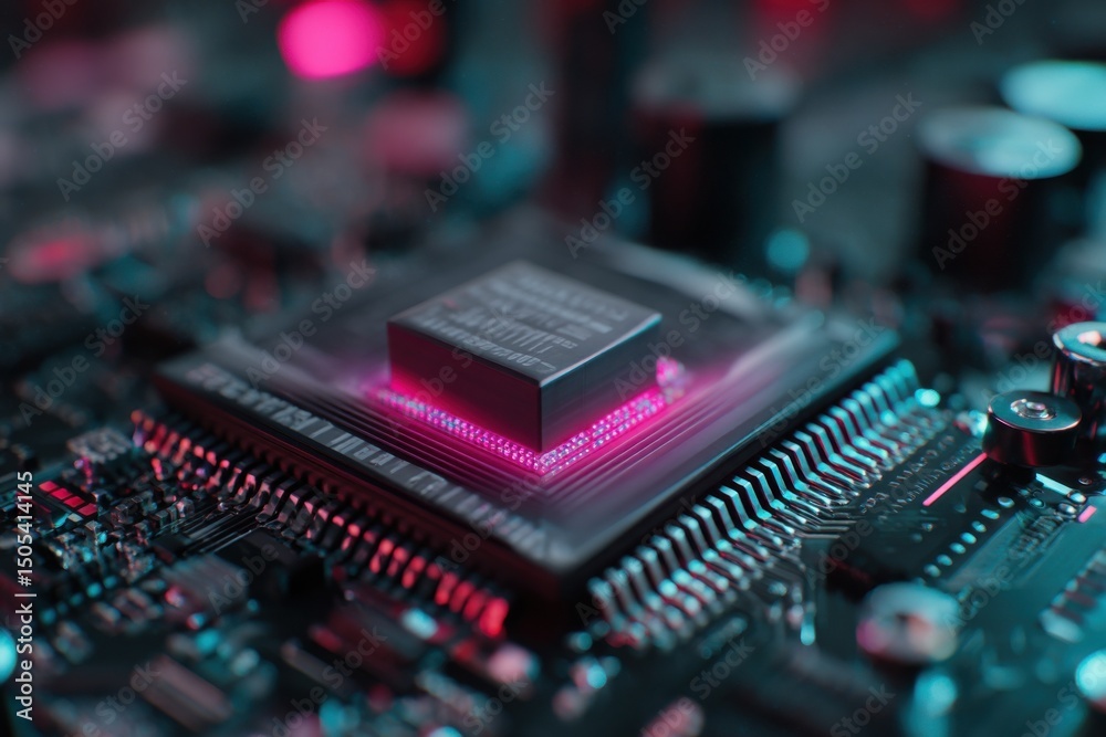 Fototapete microchip on circuit board glowing with pink light, representing technological advancement and digit