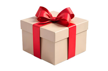 Beige present box with red ribbon and bow isolated on transparent background 