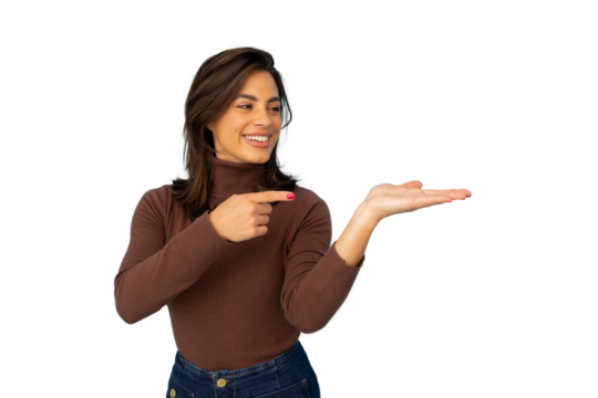 Woman gesturing, pointing finger on open palm against transparent surface - Powered by Adobe