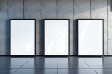 3D rendering, mockup of three blank white posters in black frames on grey wall background in abstract subway with concrete glossy floor.	
