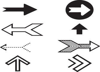 Collection of Diverse Arrow Designs in Black and White Pointing in Different Directions for Navigation and Directional Signage
