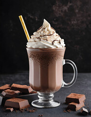 Frosted Mug of Creamy Chocolate Milkshake with Cocoa Powder, Dark Shavings, and Broken Chocolate Bars on Matte Dark Surface