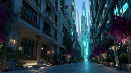 Summer city landscape with alleyway, road, park and skyscrapers on horizon. Cityscape with empty back street lane, vector cartoon parallax background ready for 2d animation