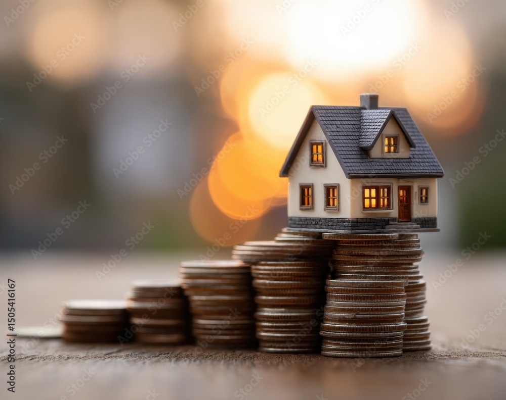Poster miniature house model on stacked coins against bokeh background, representing investment and financi