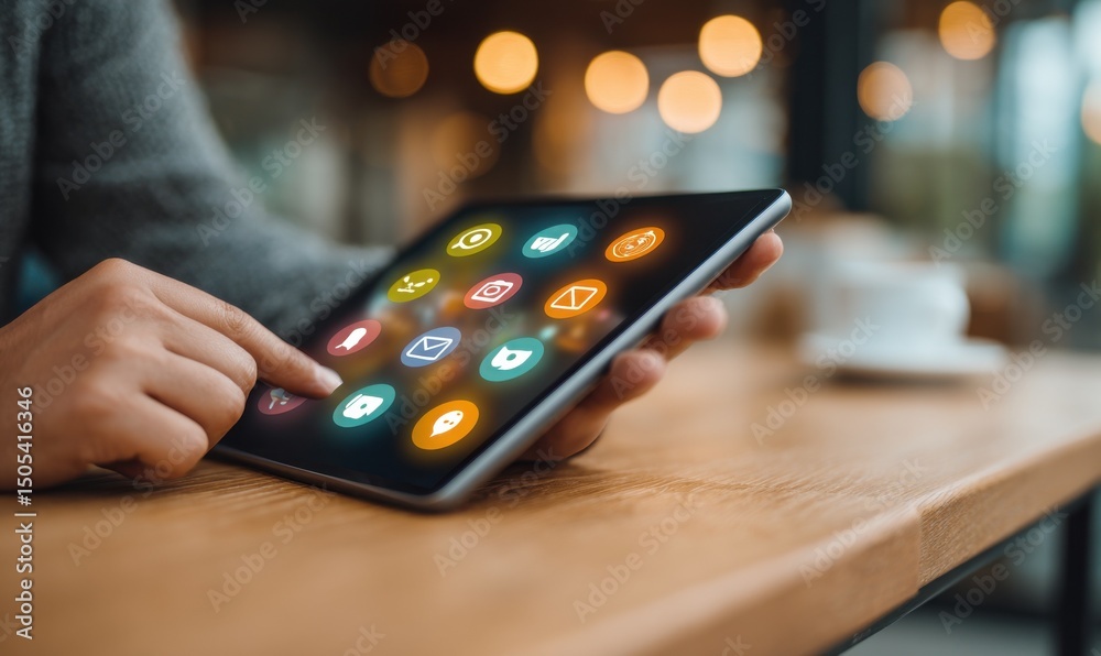 Poster person tapping tablet displaying social media icons in cafe, representing digital marketing and onli