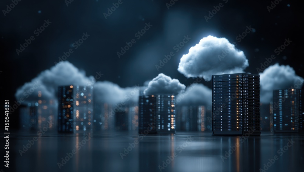 Poster Server Racks and Clouds Representing Cloud Computing and Data Storage, Ideal for Technology Innovation and Digital Transformation Marketing Campaigns : Generative AI