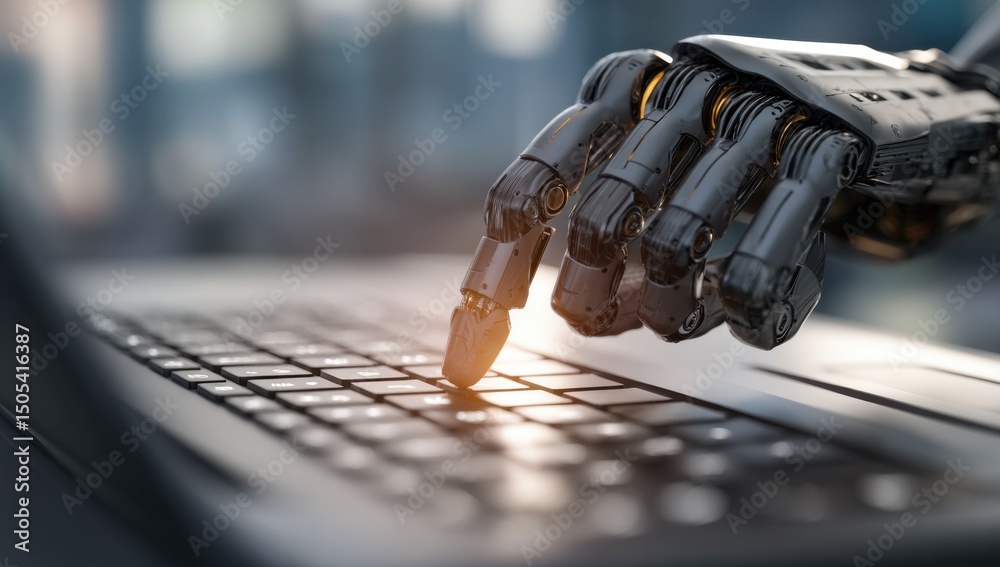 Aufkleber Robotic Hand Typing on Laptop Keyboard, Depicting Automation and Digital Transformation in Modern Business : Generative AI
