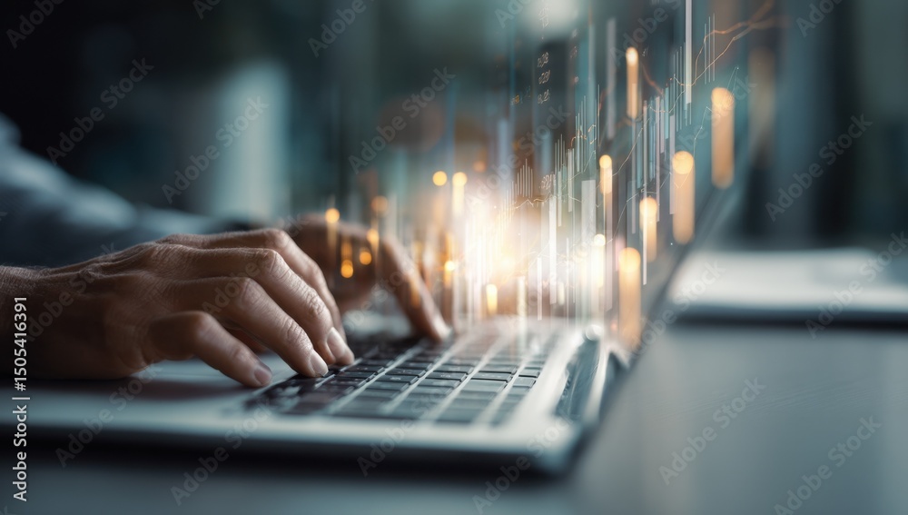 Poster Hands Typing on Laptop with Financial Charts Overlay, Representing Investment Strategy and Digital Transformation in Modern Business : Generative AI