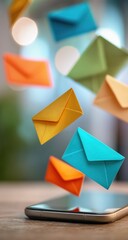 Colorful Envelopes Floating Above Smartphone, Representing Digital Communication and Email Marketing Strategy : Generative AI